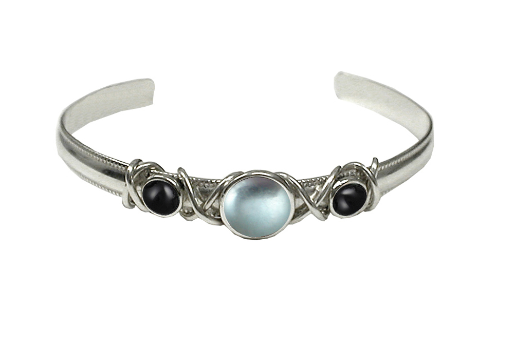 Sterling Silver Hand Made Cuff Bracelet With Blue Topaz And Black Onyx